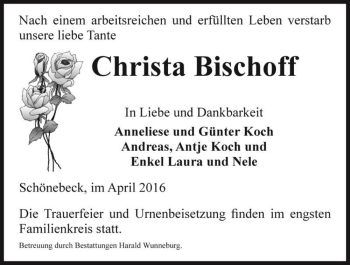 Traueranzeige von Christa Bischoff  von Magdeburger Volksstimme