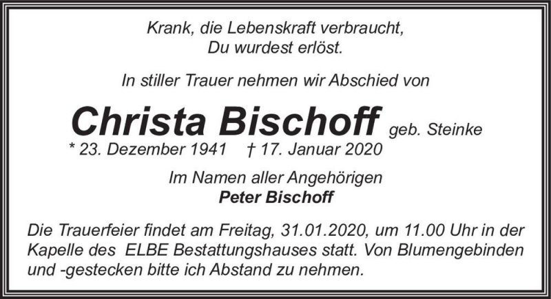  Traueranzeige für Christa Bischoff (geb. Steinke)  vom 25.01.2020 aus Magdeburger Volksstimme