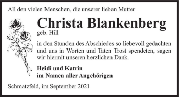 Traueranzeige von Christa Blankenberg (geb. Hill)  von Magdeburger Volksstimme