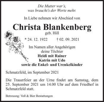 Traueranzeige von Christa Blankenberg (geb. Hill)  von Magdeburger Volksstimme