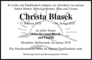 Traueranzeige von Christa Blasek  von Magdeburger Volksstimme