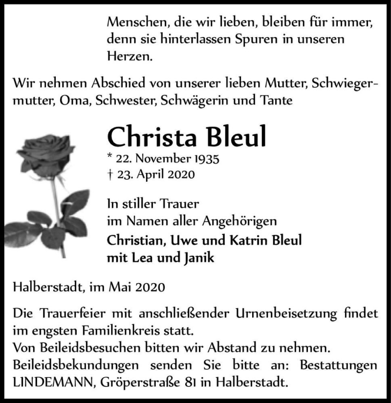  Traueranzeige für Christa Bleul  vom 09.05.2020 aus Magdeburger Volksstimme