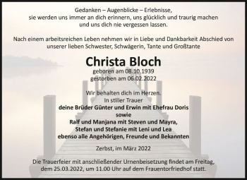 Traueranzeige von Christa Bloch  von Magdeburger Volksstimme