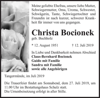 Traueranzeige von Christa Bocionek (geb. Buchholz)  von Magdeburger Volksstimme