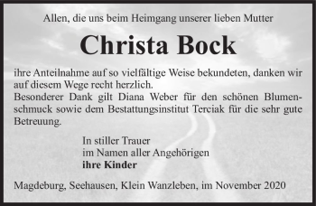 Traueranzeige von Christa Bock  von Magdeburger Volksstimme