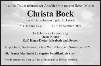 Traueranzeige von Christa Bock (verw. Hanselmann, geb. Eickstädt)  von Magdeburger Volksstimme