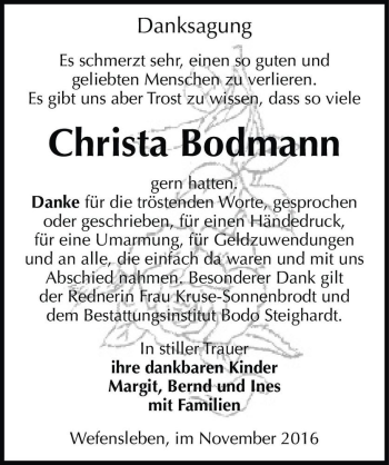 Traueranzeige von Christa Bodmann  von Magdeburger Volksstimme