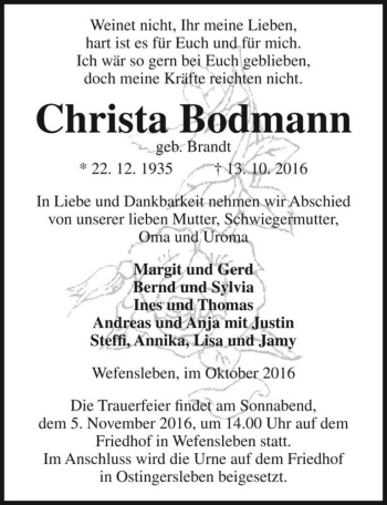 Traueranzeige von Christa Bodmann (geb. Brandt)  von Magdeburger Volksstimme