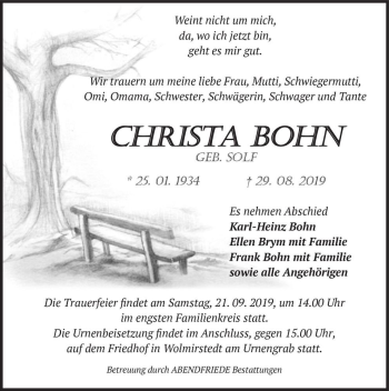 Traueranzeige von Christa Bohn (geb. Solf)  von Magdeburger Volksstimme