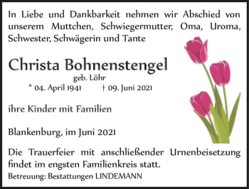 Traueranzeige von Christa Bohnenstengel (geb. Löhr)  von Magdeburger Volksstimme