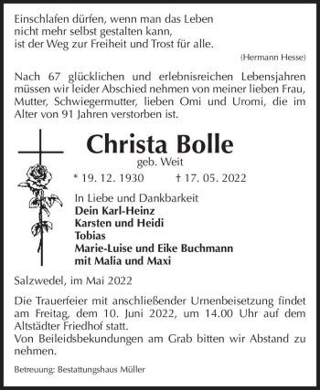 Traueranzeige von Christa Bolle (geb. Weit)  von Magdeburger Volksstimme