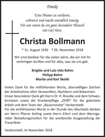Traueranzeige von Christa Bollmann  von Magdeburger Volksstimme