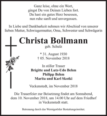 Traueranzeige von Christa Bollmann (geb. Schulz)  von Magdeburger Volksstimme