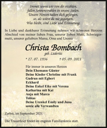 Traueranzeige von Christa Bombach (geb. Lüderitz)  von Magdeburger Volksstimme