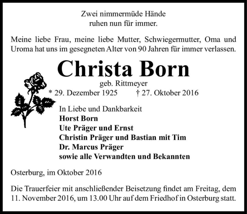 Traueranzeige für Christa Born (geb. Rittmeyer)  vom 02.11.2016 aus Magdeburger Volksstimme