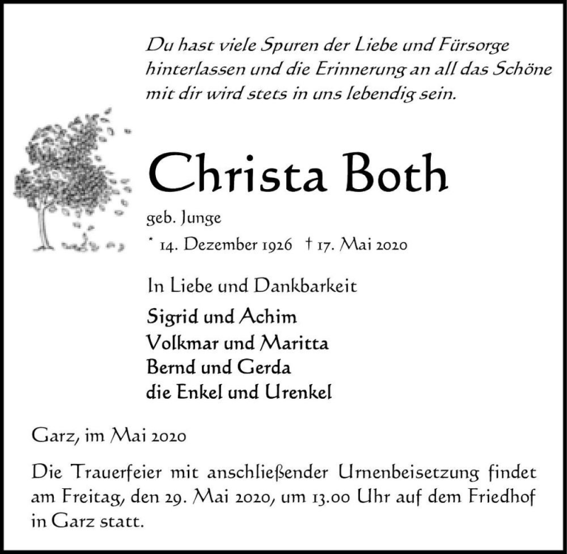  Traueranzeige für Christa Both (geb. Junge)  vom 23.05.2020 aus Magdeburger Volksstimme