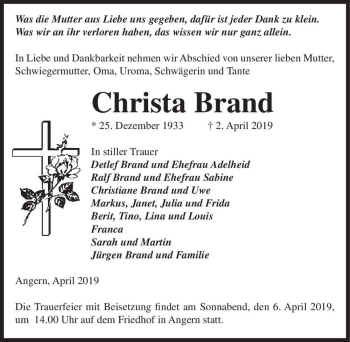 Traueranzeige von Christa Brand  von Magdeburger Volksstimme