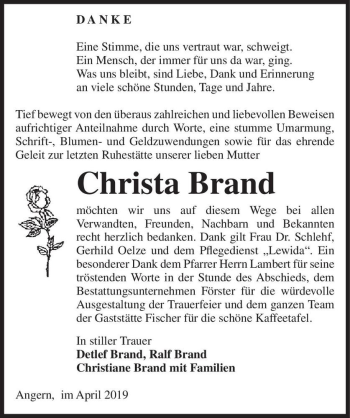 Traueranzeige von Christa Brand  von Magdeburger Volksstimme
