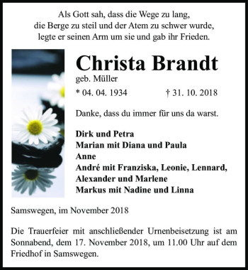 Traueranzeige von Christa Brandt (geb. Müller)  von Magdeburger Volksstimme