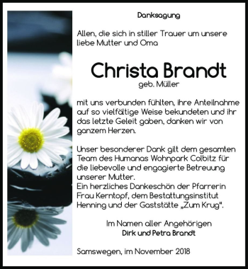 Traueranzeige von Christa Brandt (geb. Müller)  von Magdeburger Volksstimme