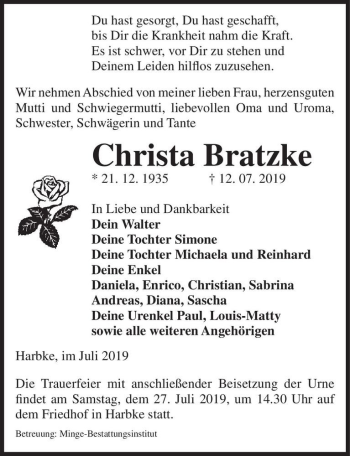 Traueranzeige von Christa Bratzke  von Magdeburger Volksstimme
