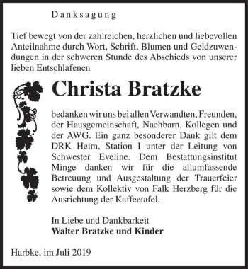 Traueranzeige von Christa Bratzke  von Magdeburger Volksstimme