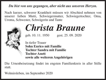 Traueranzeige von Christa Braune  von Magdeburger Volksstimme