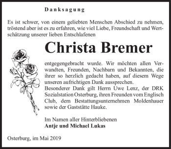 Traueranzeige von Christa Bremer  von Magdeburger Volksstimme
