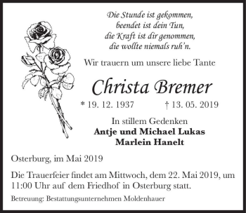 Traueranzeige von Christa Bremer  von Magdeburger Volksstimme