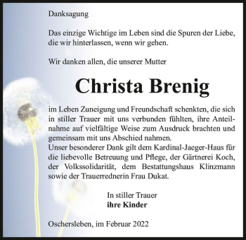 Traueranzeige von Christa Brenig  von Magdeburger Volksstimme
