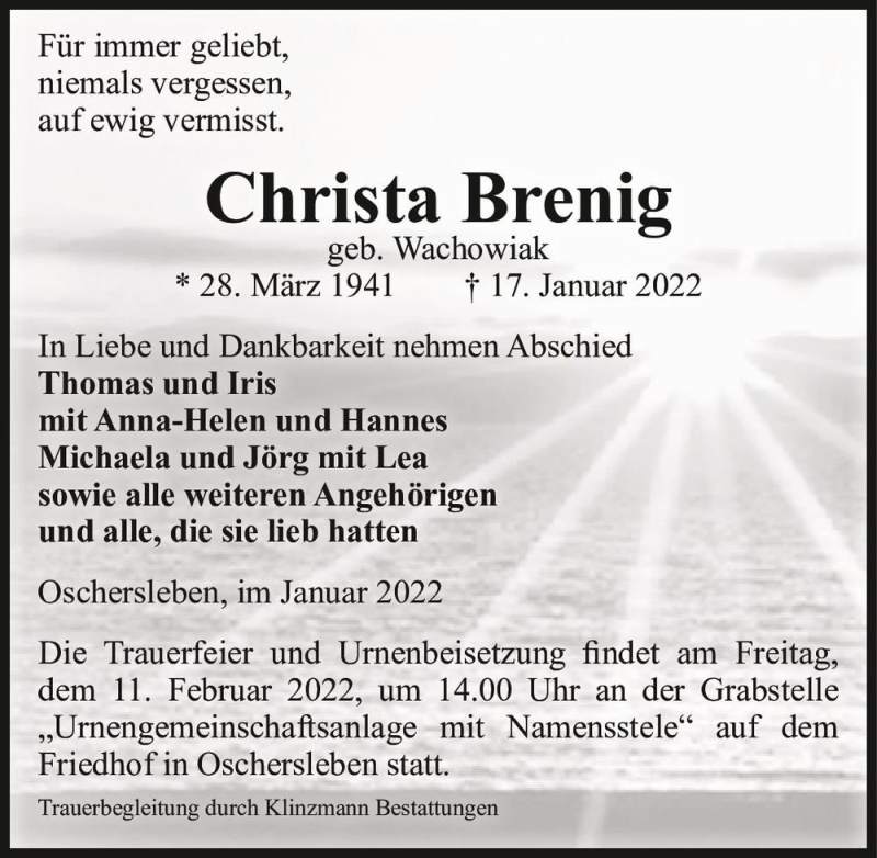  Traueranzeige für Christa Brenig (geb. Wachowiak)  vom 22.01.2022 aus Magdeburger Volksstimme