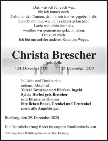 Traueranzeige von Christa Brescher (geb. Solle)  von Magdeburger Volksstimme