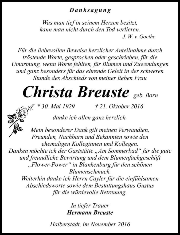  Traueranzeige für Christa Breuste (geb. Born)  vom 05.11.2016 aus Magdeburger Volksstimme
