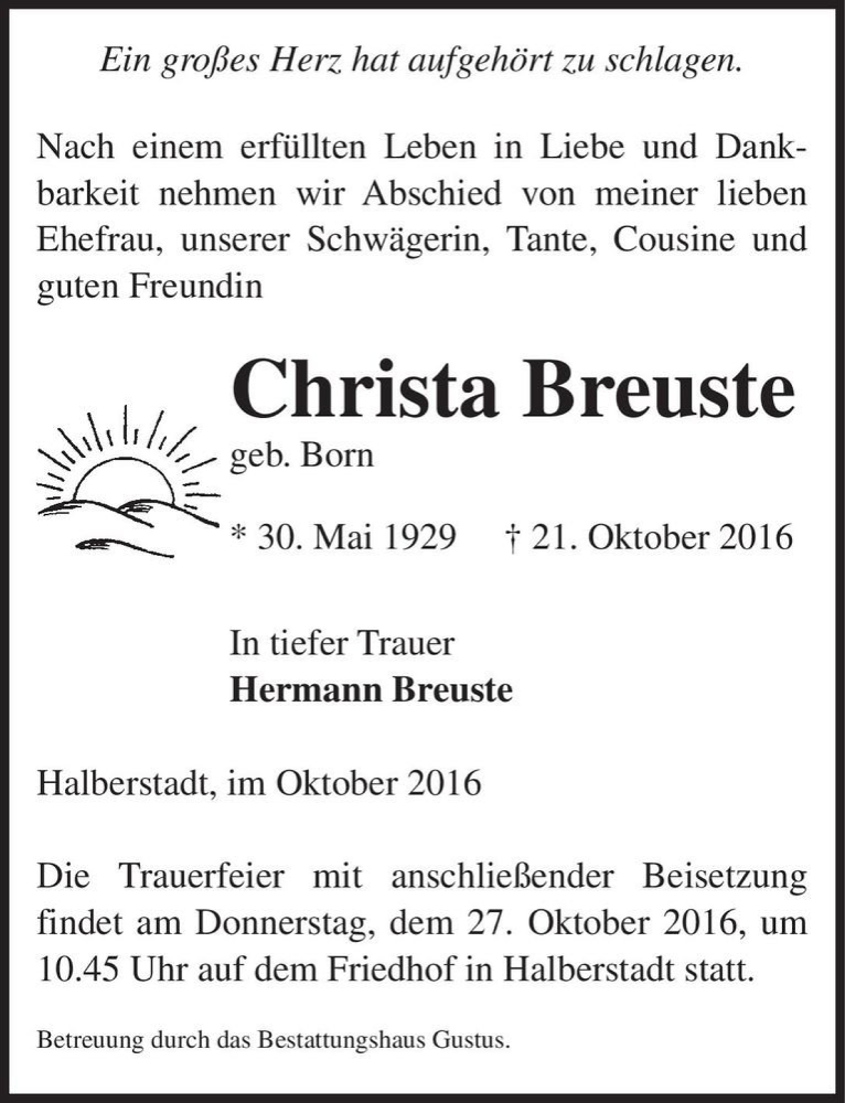  Traueranzeige für Christa Breuste (geb. Born)  vom 25.10.2016 aus Magdeburger Volksstimme