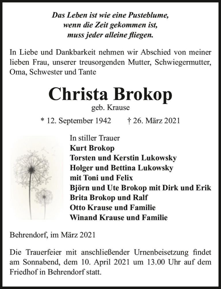  Traueranzeige für Christa Brokop (geb. Krause)  vom 03.04.2021 aus Magdeburger Volksstimme