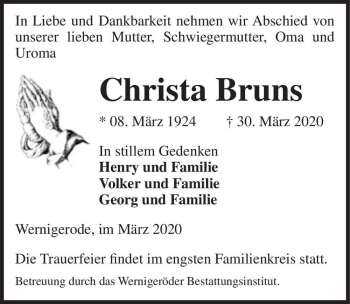 Traueranzeige von Christa Bruns  von Magdeburger Volksstimme