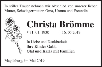 Traueranzeige von Christa Brömme  von Magdeburger Volksstimme
