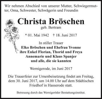 Traueranzeige von Christa Bröschen (geb. Bertram)  von Magdeburger Volksstimme