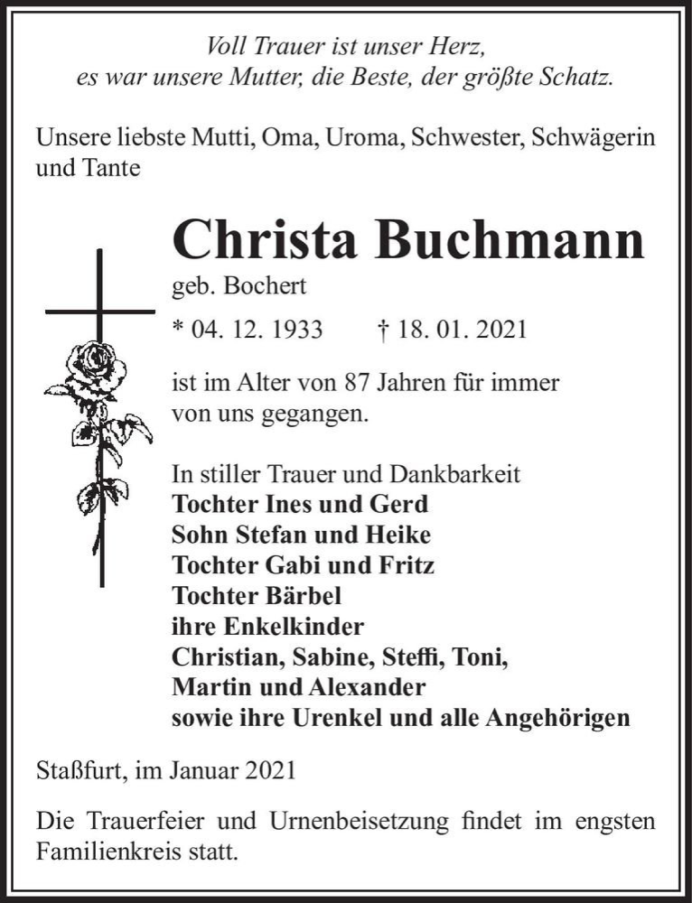  Traueranzeige für Christa Buchmann (geb. Bochert)  vom 23.01.2021 aus Magdeburger Volksstimme