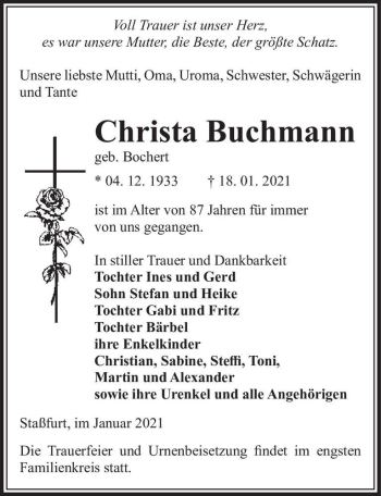 Traueranzeige von Christa Buchmann (geb. Bochert)  von Magdeburger Volksstimme