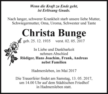 Traueranzeige von Christa Bunge  von Magdeburger Volksstimme