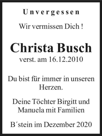 Traueranzeige von Christa Busch  von Magdeburger Volksstimme