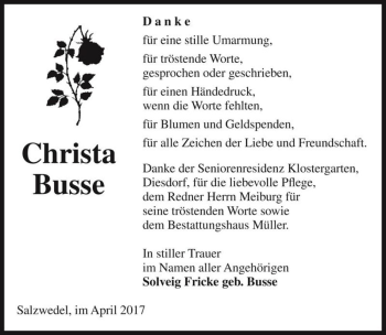 Traueranzeige von Christa Busse  von Magdeburger Volksstimme
