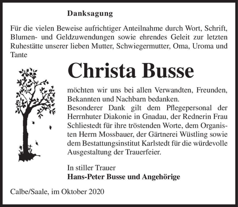  Traueranzeige für Christa Busse  vom 24.10.2020 aus Magdeburger Volksstimme