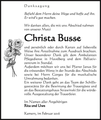 Traueranzeige von Christa Busse  von Magdeburger Volksstimme