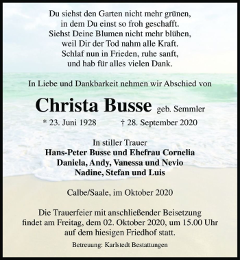 Traueranzeige von Christa Busse (geb. Semmler)  von Magdeburger Volksstimme