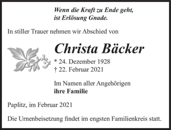 Traueranzeige von Christa Bäcker  von Magdeburger Volksstimme