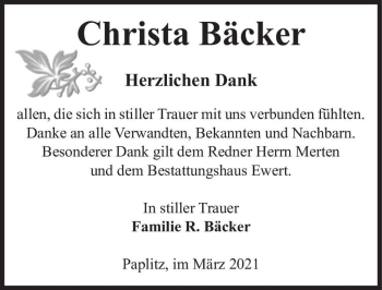 Traueranzeige von Christa Bäcker  von Magdeburger Volksstimme