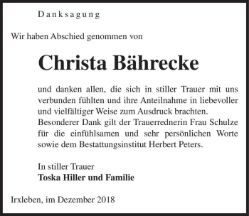 Traueranzeige von Christa Bährecke  von Magdeburger Volksstimme