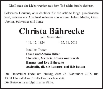 Traueranzeige von Christa Bährecke (geb. Schwertner)  von Magdeburger Volksstimme